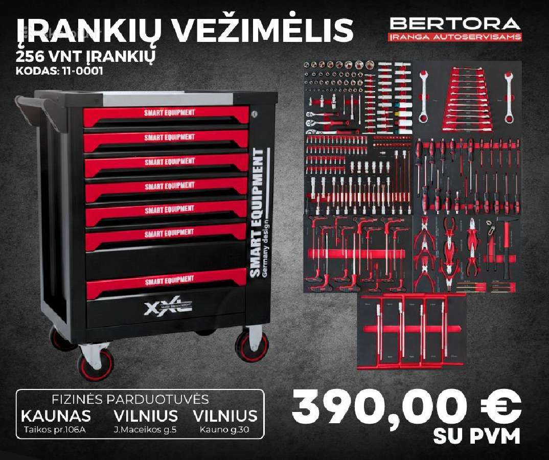 Įrankių vežimėlis su 7 stalčiais ir 256 vnt. įrank