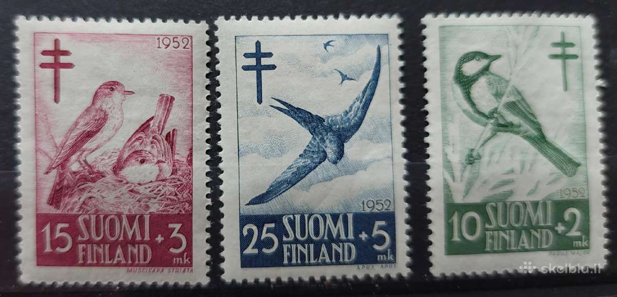 Suomija 1952 paukščiai, švarus Michel 413-415