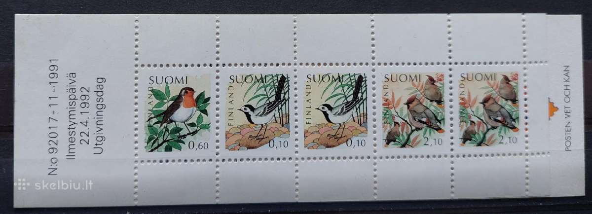 Suomija 1992 paukščiai, švarus, buklietas Michel 1