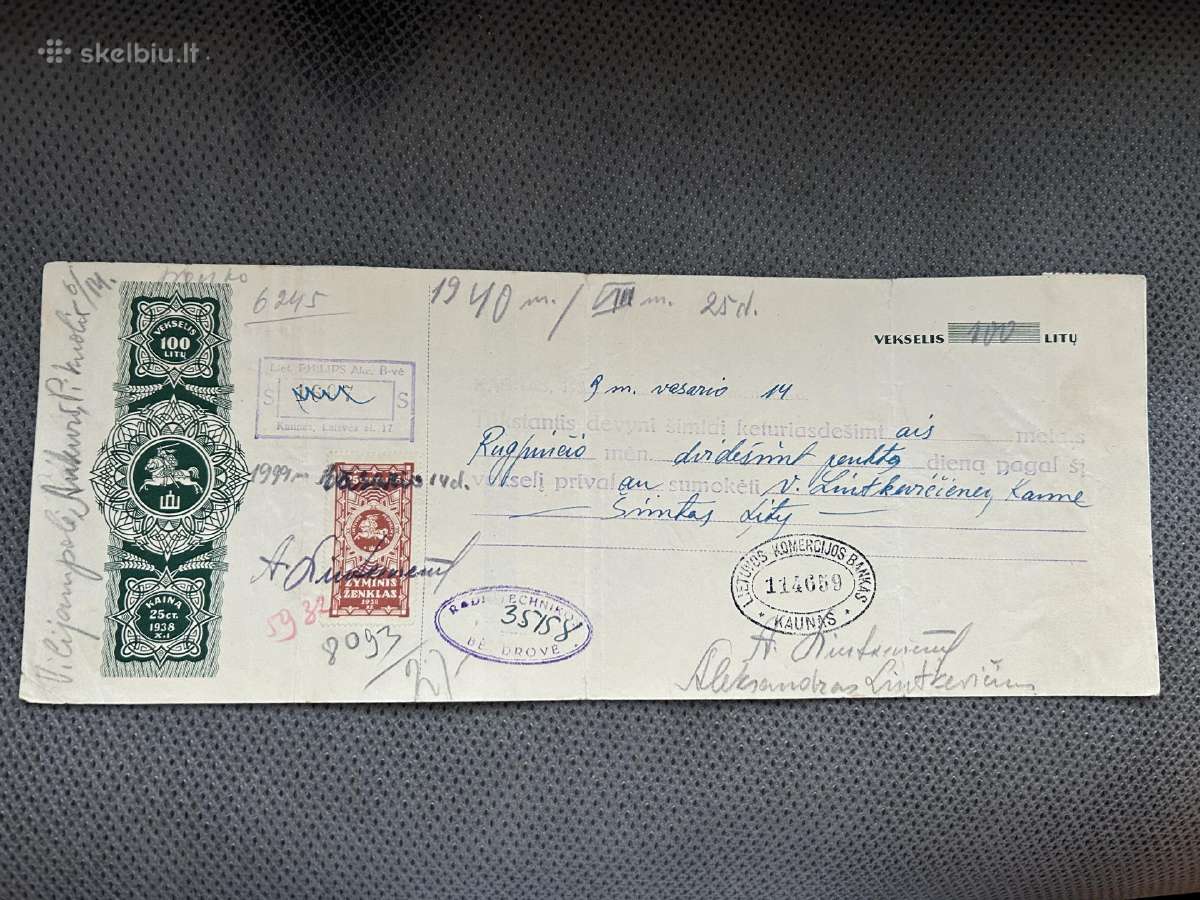 100 litų vekselis 1938 m. su protestu