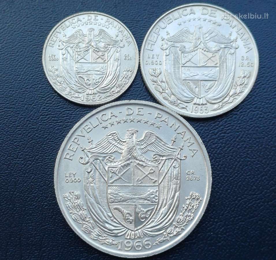 1/4, 1/2, ir 1 balboa. Panama sidabras 900 unc.