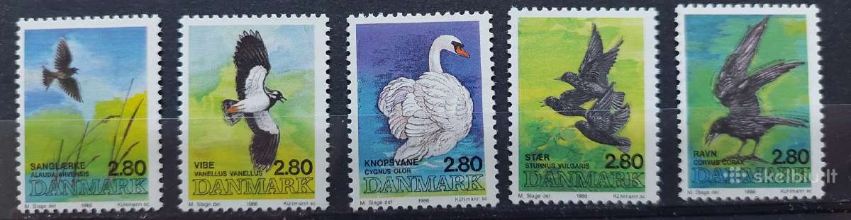 Danija 1986 paukščiai, švarus, Michel 872-876
