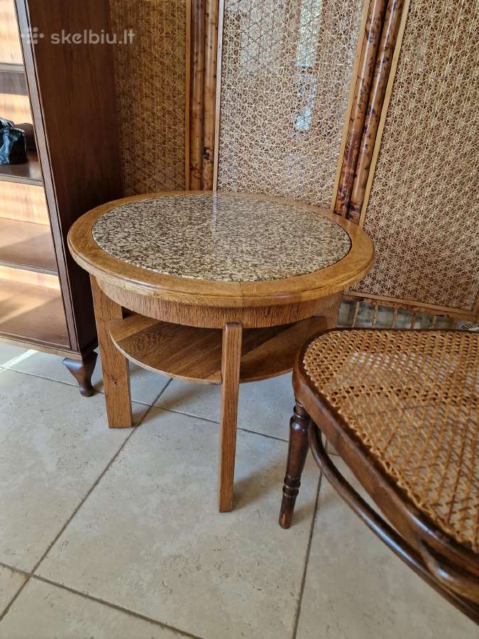 Vintažinis Art Deco ąžuolo/granito kavos staliukas