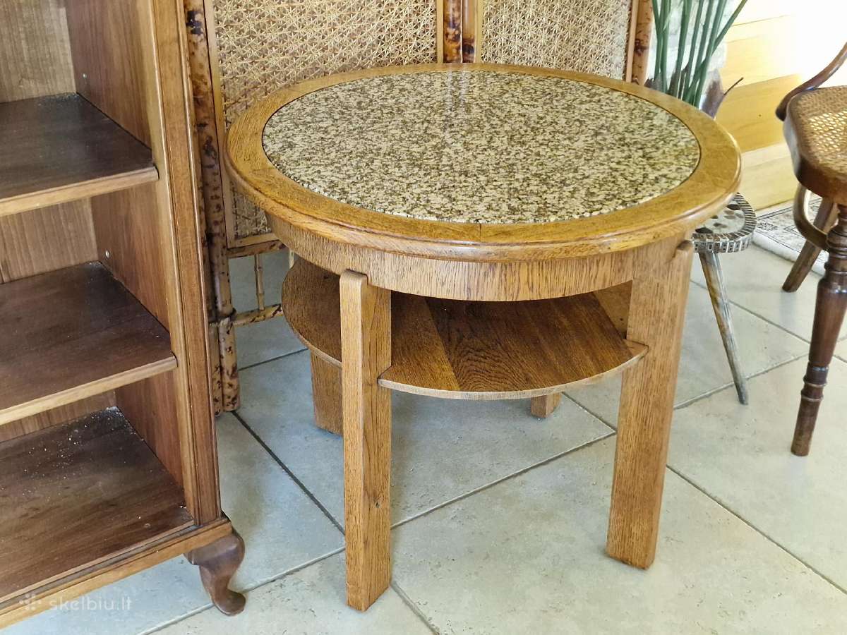 Vintažinis Art Deco ąžuolo/granito kavos staliukas - nuotraukos Nr. 18