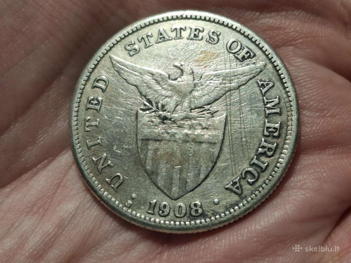 Filipinai 1 pesas 1908 sidabras - nuotraukos Nr. 2