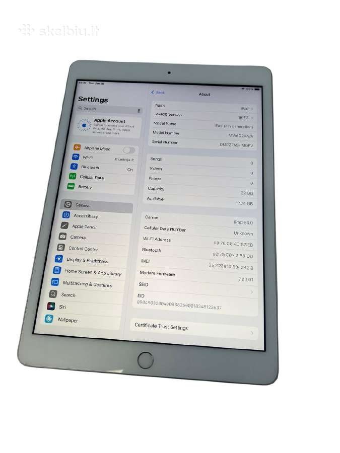 iPad (7th Generation) 32gb +Sim + 3 mėn. garantija - nuotraukos Nr. 3