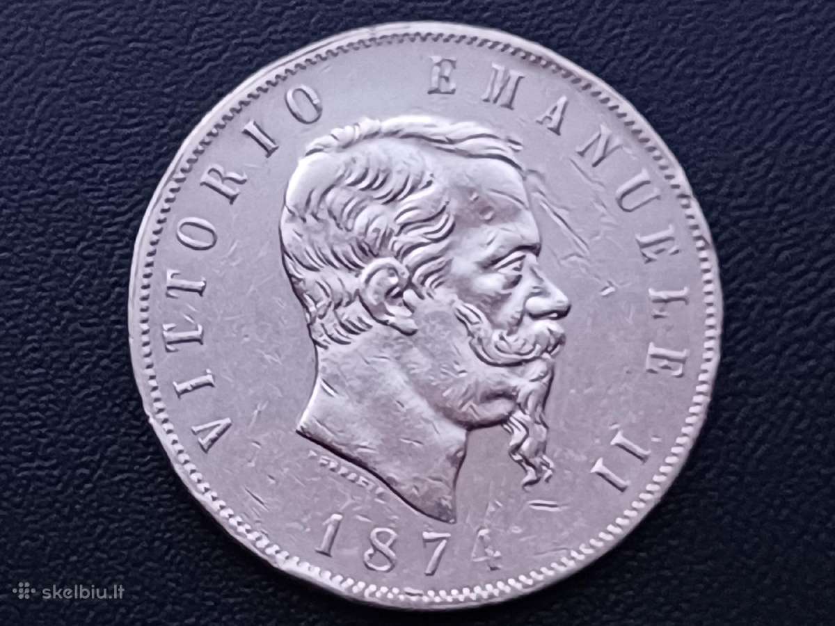 5 liros 1874m. Italija sidabras 900 - nuotraukos Nr. 2