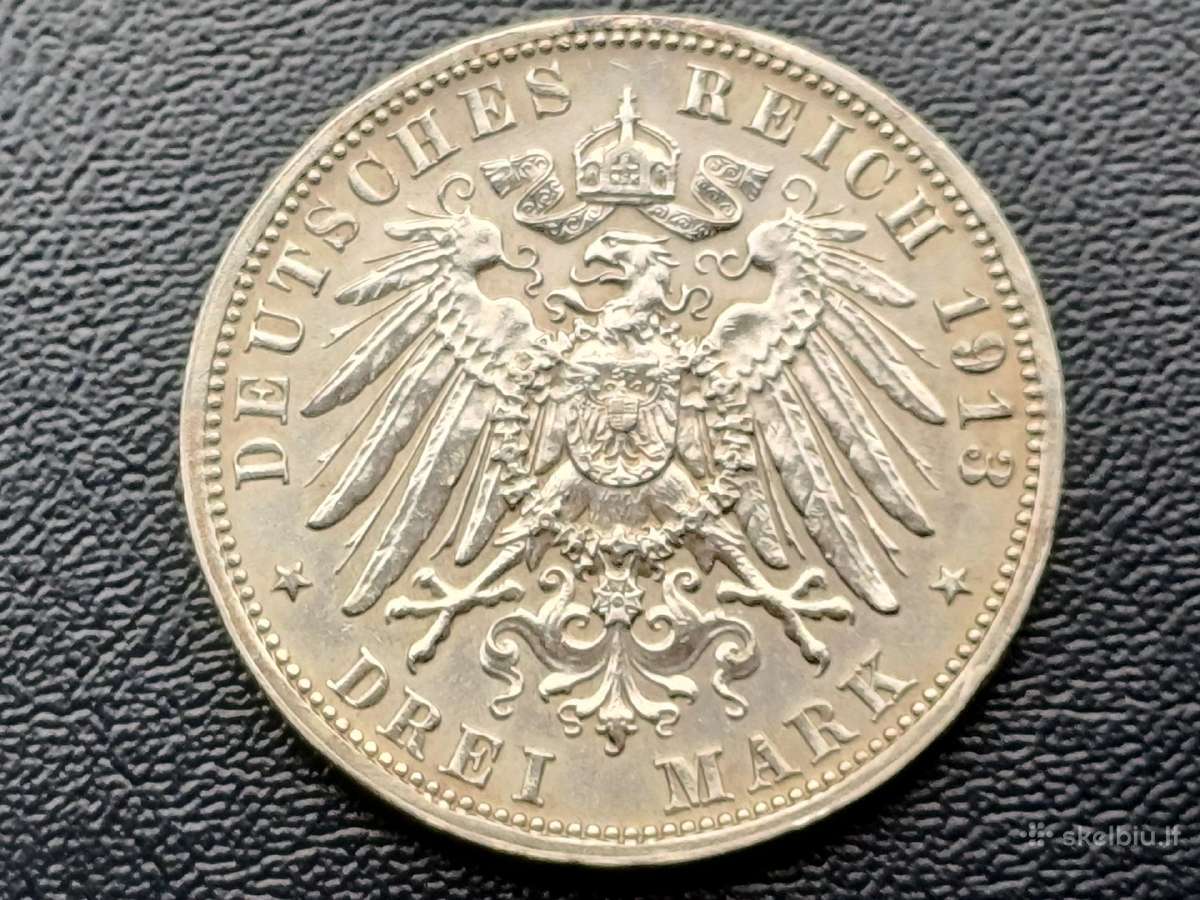 3 markes 1913m. sidabras 900 unc - nuotraukos Nr. 2