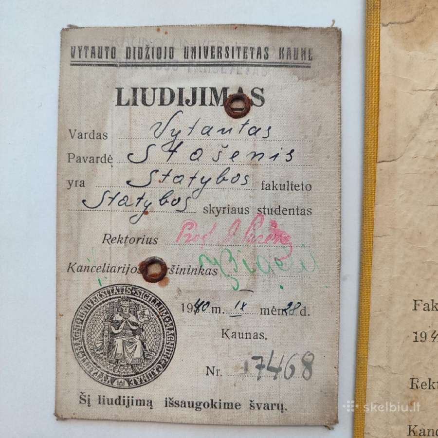 Tarpukario Vdu studijų knygelė ir liudijimas 1940 - nuotraukos Nr. 10