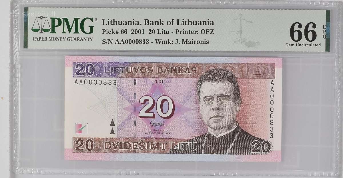 20 Litų 2001 m. Pirma Serija Aa0000833 Pmg66