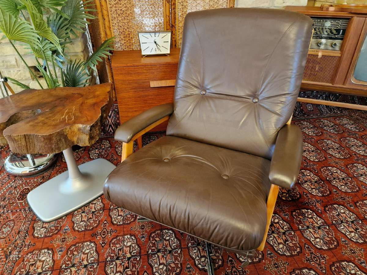 Vintažinis mid century Himolla odinis/tiko fotelis - nuotraukos Nr. 20