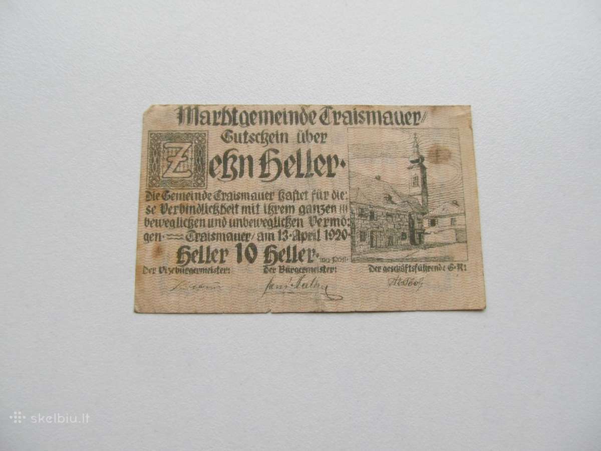 Notgeldas 10 heleriu , Traismauer Austrija , 1920