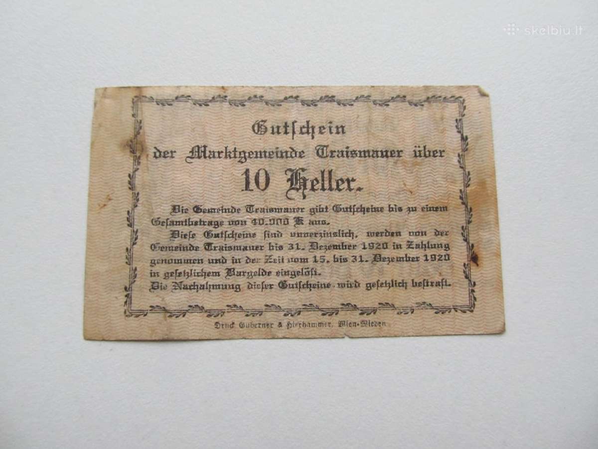 Notgeldas 10 heleriu , Traismauer Austrija , 1920 - nuotraukos Nr. 2