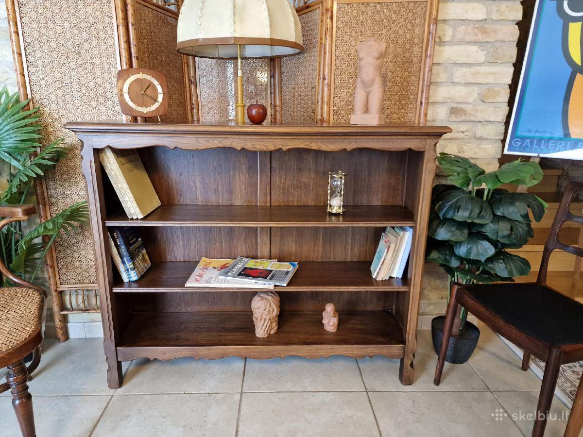 Vintažinė Art Nouveau ąžuolo masyvo knygų lentyna