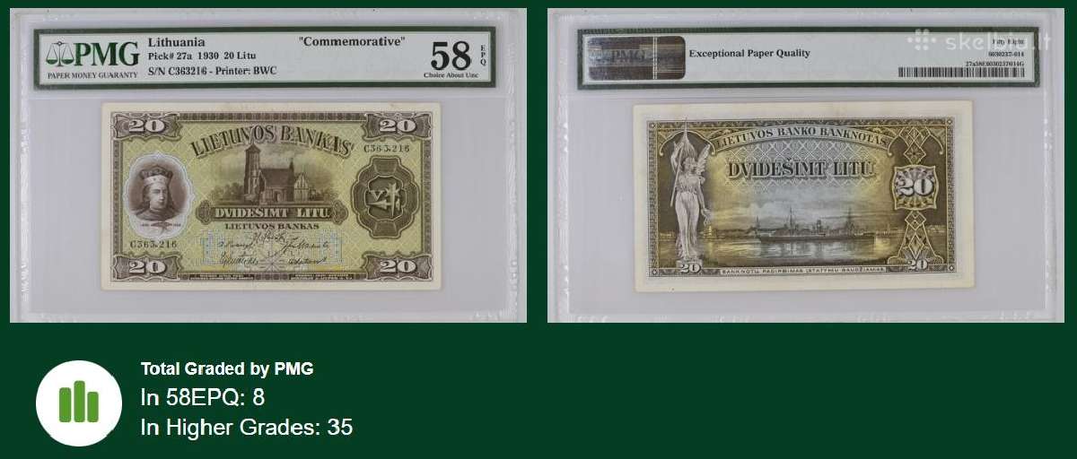 1930 m. 20 Lt Pmg 58 Choice About Unc - nuotraukos Nr. 3