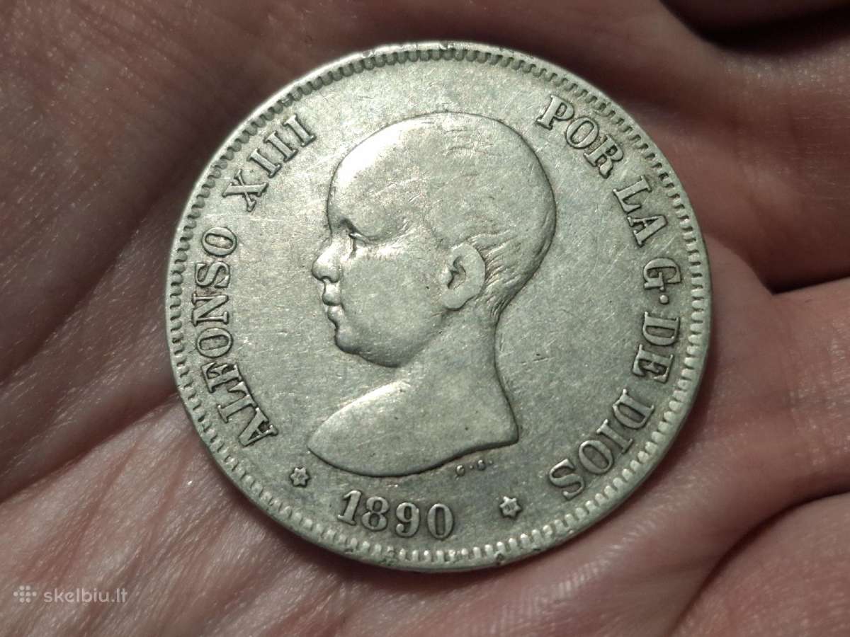 Ispanija 5 pesetos 1890 sidabras - nuotraukos Nr. 2