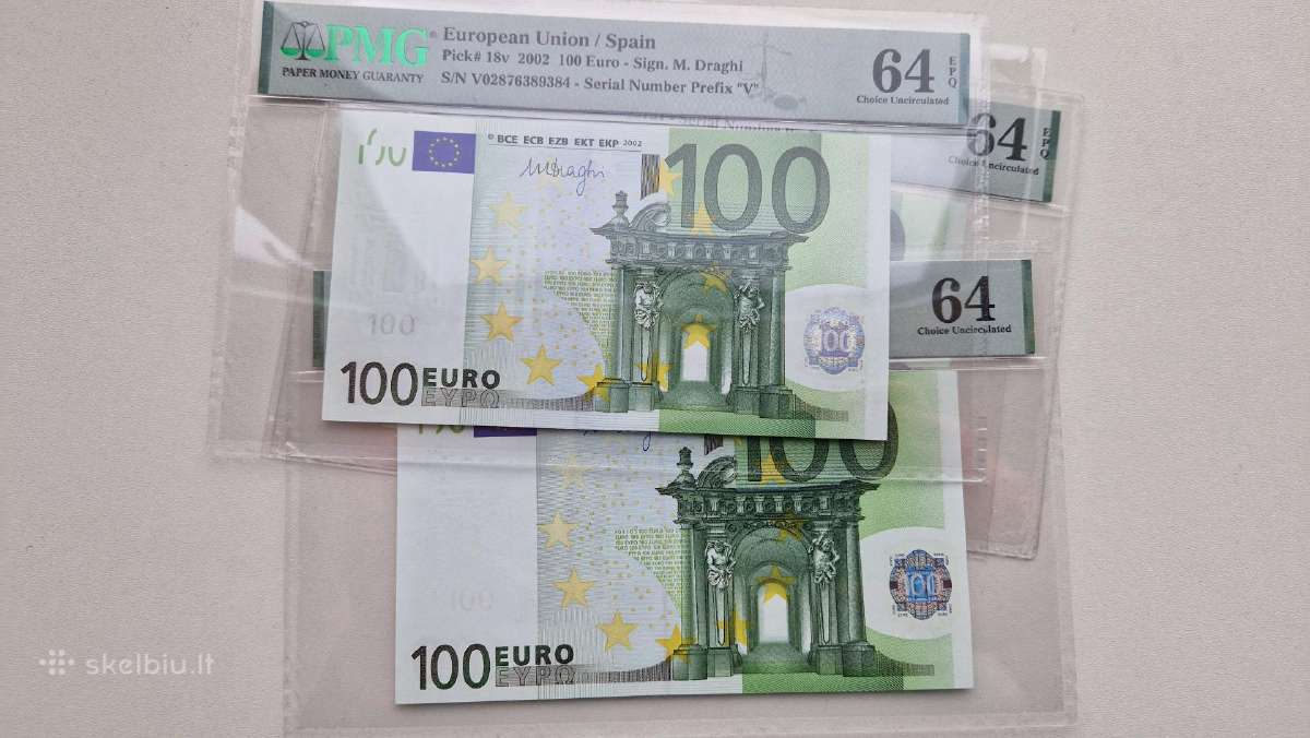 Pmg64 sertifikuotas 100 eur banknotas 2002m