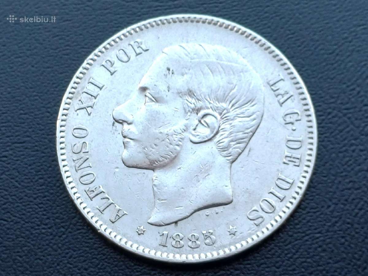 5 pesetos 1885m. Ispanija sidabras 900 - nuotraukos Nr. 2
