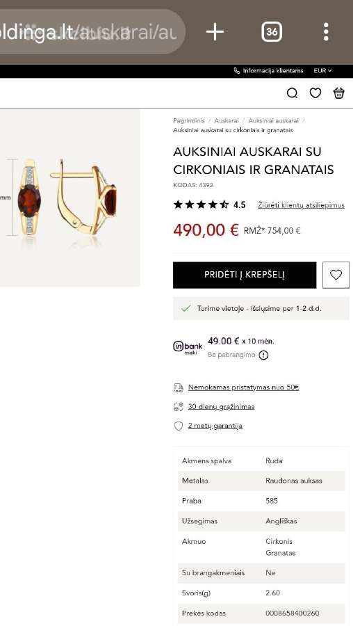 Auksiniai auskarai su granatais - nuotraukos Nr. 5