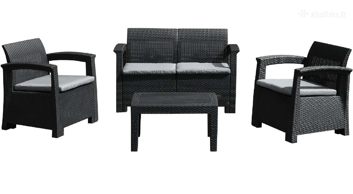 Rotango baldų komplektas: sofa, 2 foteliai, stalas