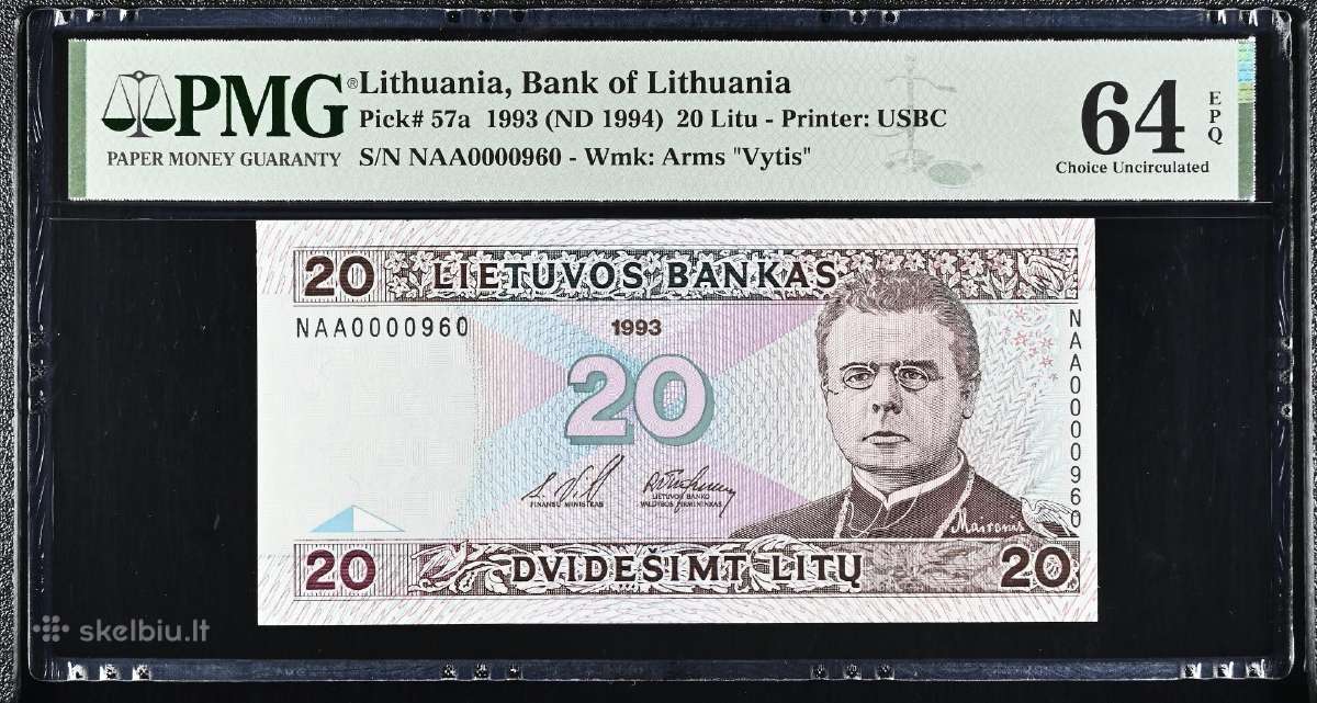 20 Litų 1993 m. Žemas numeris Naa0000960 Pmg64