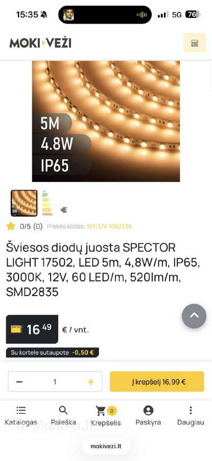 Šviesos diodų juosta Spector light, LED 3,5m, 4,8w - nuotraukos Nr. 4