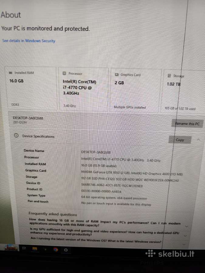 I7-4770/16gb/128gb SSD/1 T HDD, Gtx 1050 (2gb)