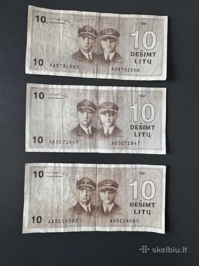 3 vnt. 1991 m. 10 litų banknotai