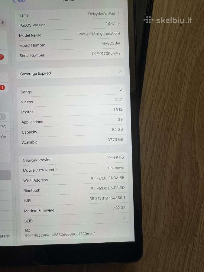 Apple iPad (A2123) Air 32019 su sim - nuotraukos Nr. 3
