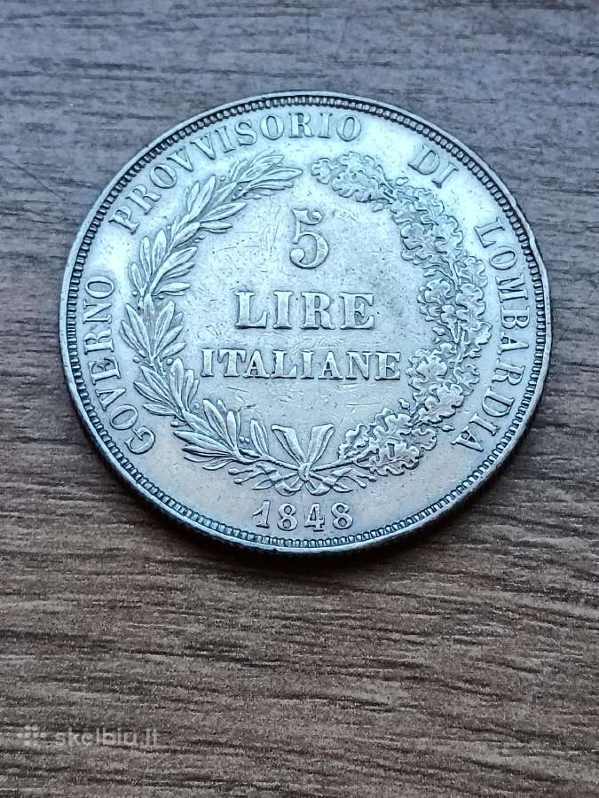 1848 metų 5 lirų sidabrinė Lombardijos moneta