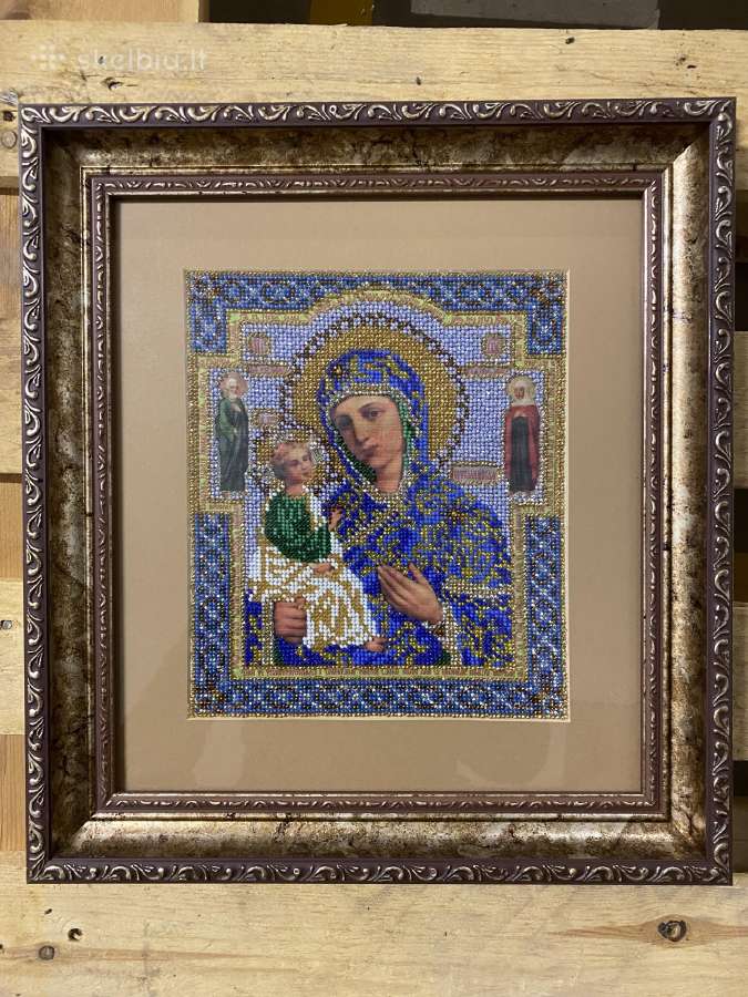Rankų darbo paveikslas-ikona, siuvinėta karoliukai