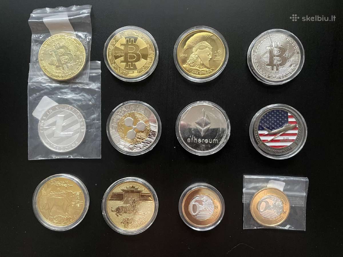 Įvairūs medaliai, monetos Bitcoin