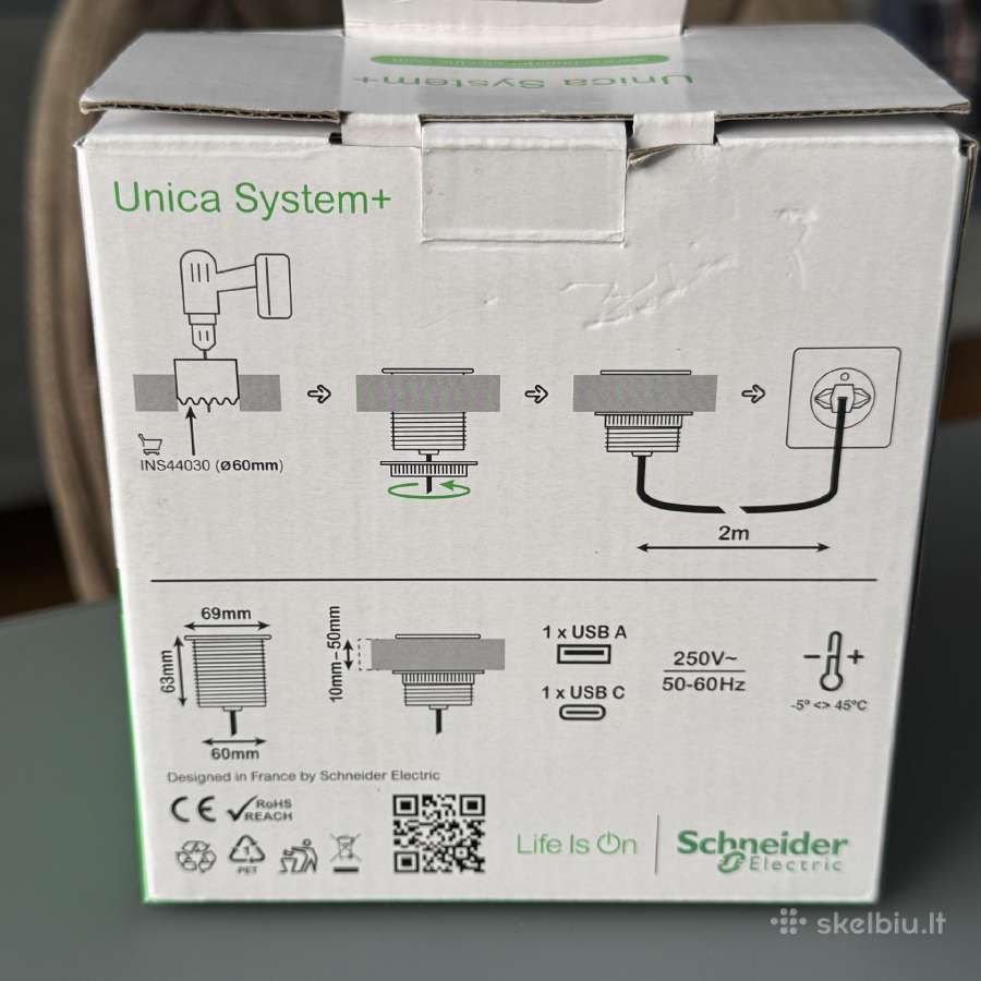 Desk unit, Unica System+, Xs, Usb type A+c, white - nuotraukos Nr. 2