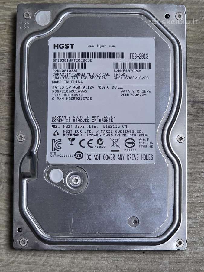 3.5" HDD Hgst 500 GB Sata (7200 Rpm) Parduodamas p