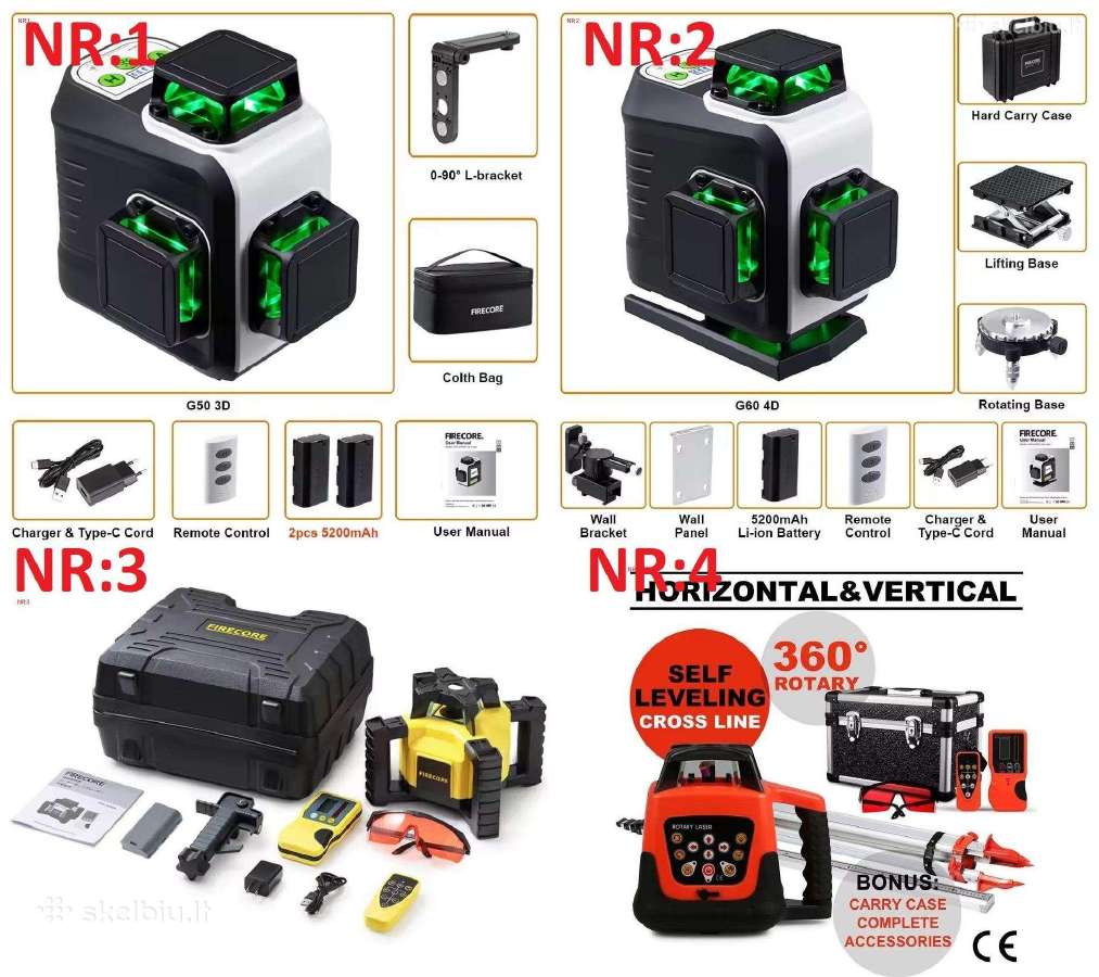Lazerinis nivelyras Firecore, Vevor, 3D/4d, rotaci