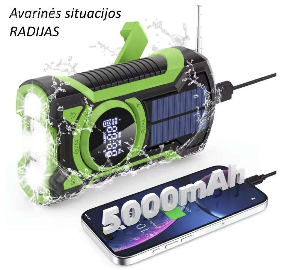 Radijas avariniam išlikimui: žibintas, pakrovėjas