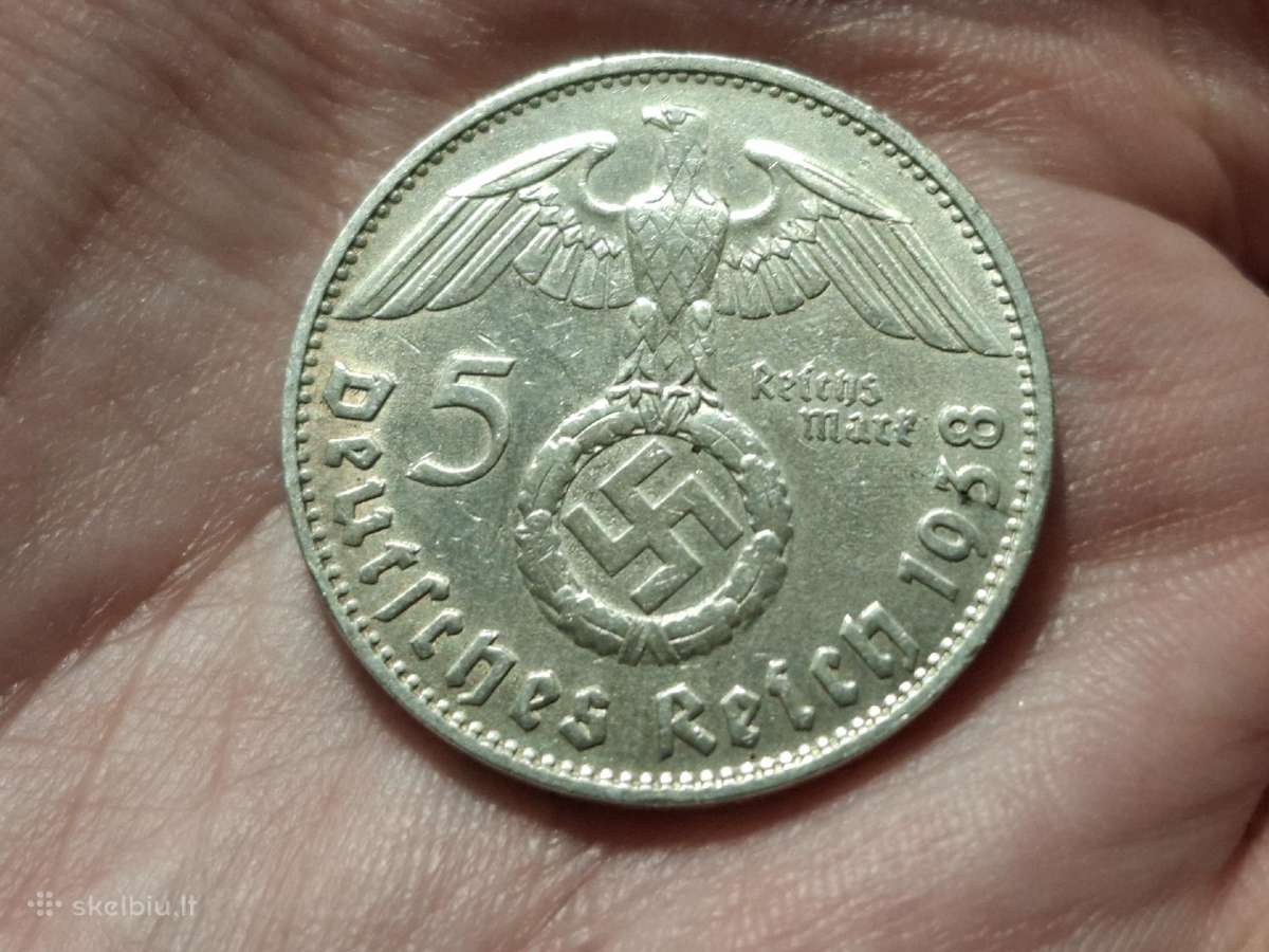 Vokietija 5 mark 1938 D sidabras