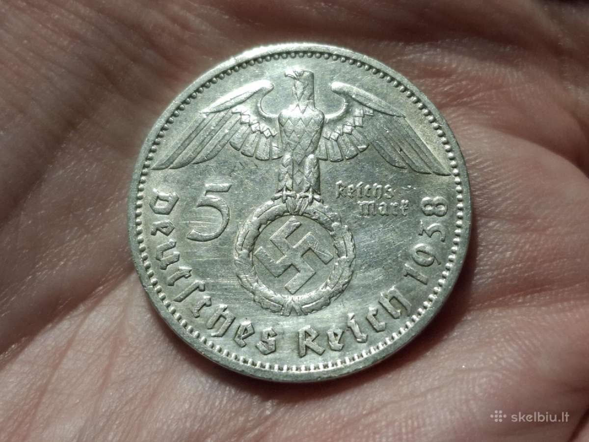 Vokietija 5 mark 1938 F sidabras