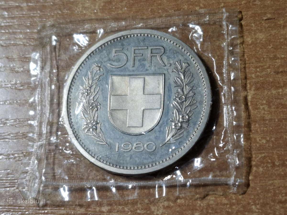 Šveicarija 5 francs 1980 proof bankiniam įpakavime