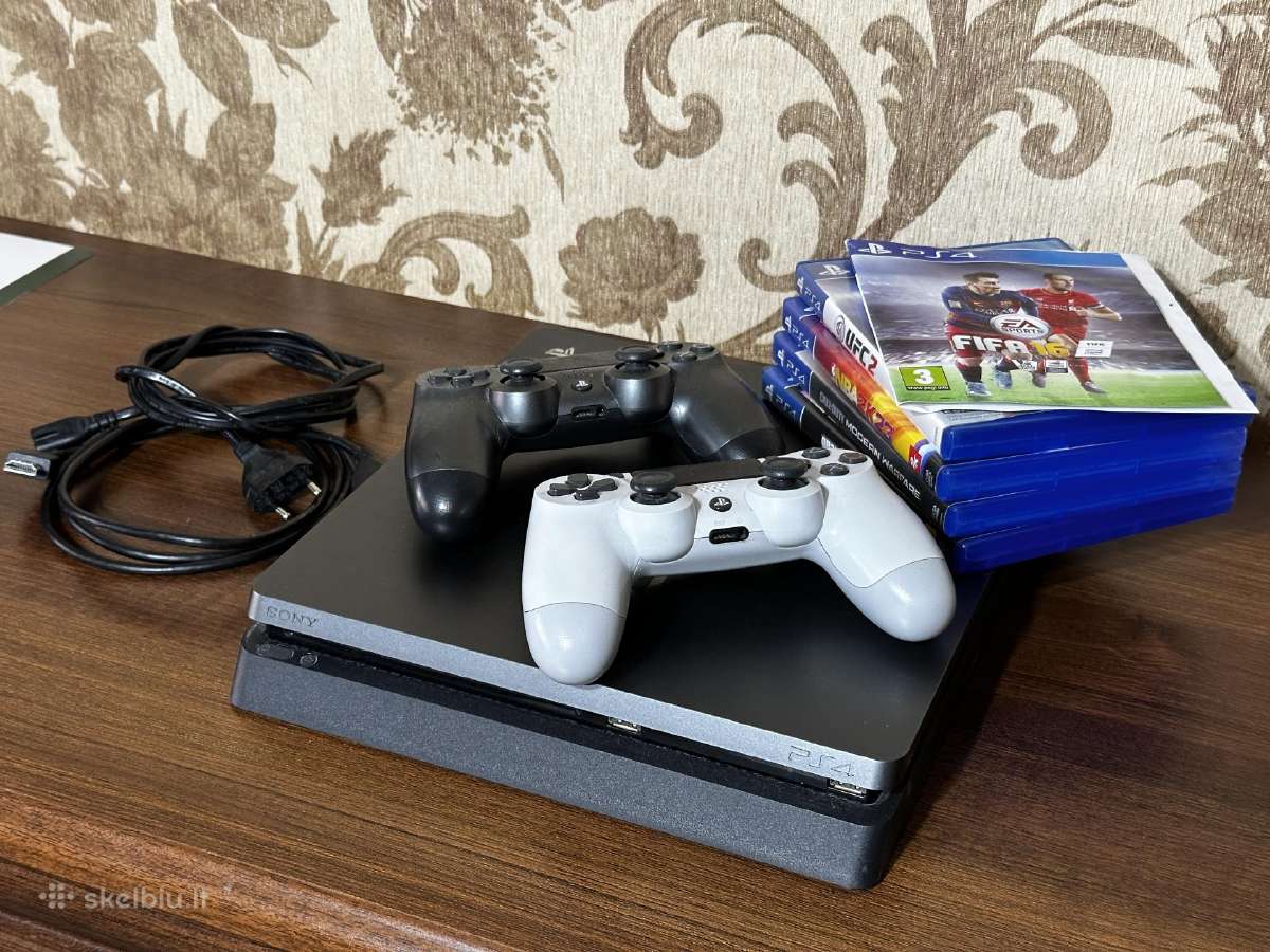 Playstation 4 Slim 1tb + 2 pultai + 5 žaidimai