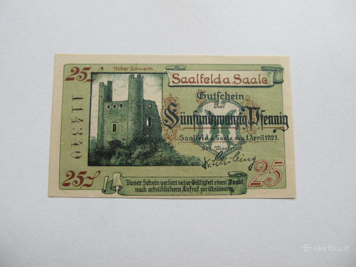 Notgeldas 25 pfennig , Saalfeld Vokietija , 1921