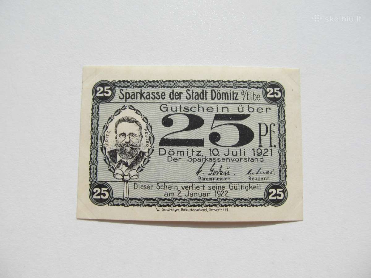 Notgeldas 25 pfennig , Domitz Vokietija , 1921