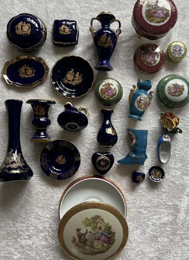Limoges Limozo porcelianas dezutes kobalto melyna