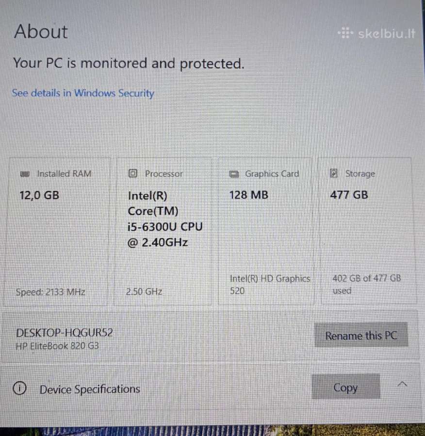 Hp Elitebook 820 G3 (su defektu). 12 GB/500 GB M2 - nuotraukos Nr. 5