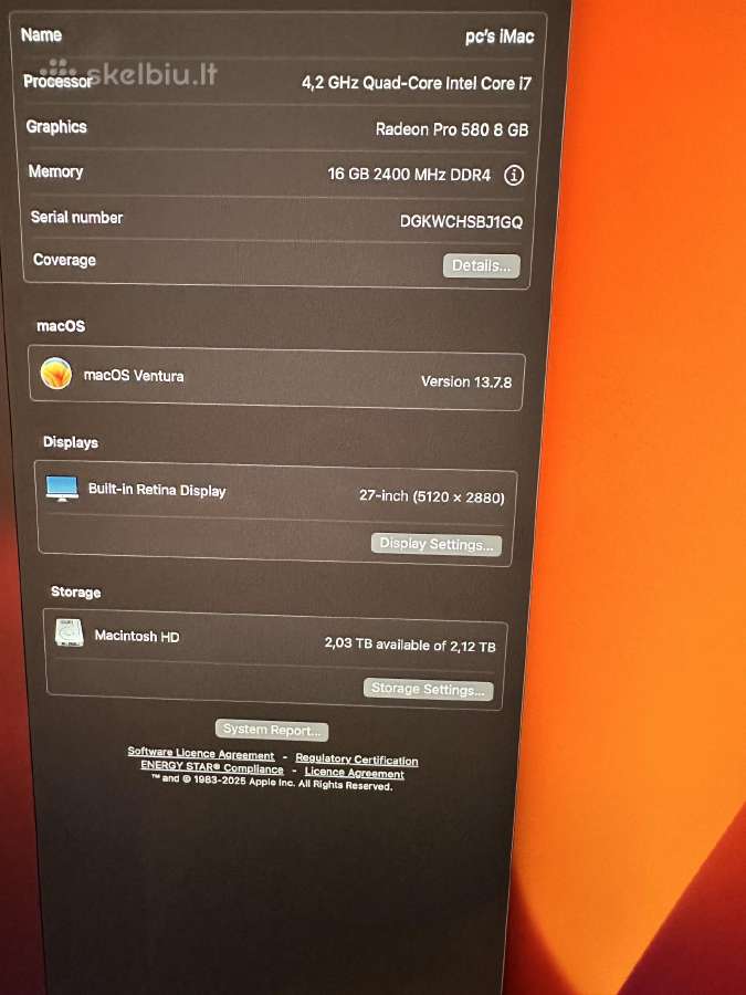 iMac Retina 5k, 27. 2017 4,2 GHz Intel Core i7 - nuotraukos Nr. 8