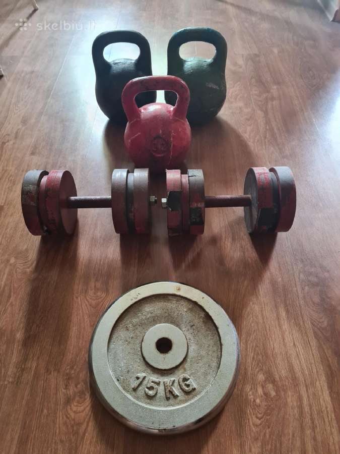 Giros ir hanteliai: 24 kg, 32 kg, 28 kg, 15 kg