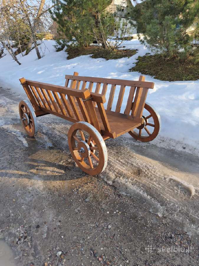 Rankų darbo medinis dekoratyvinis vežimas sodui - nuotraukos Nr. 3