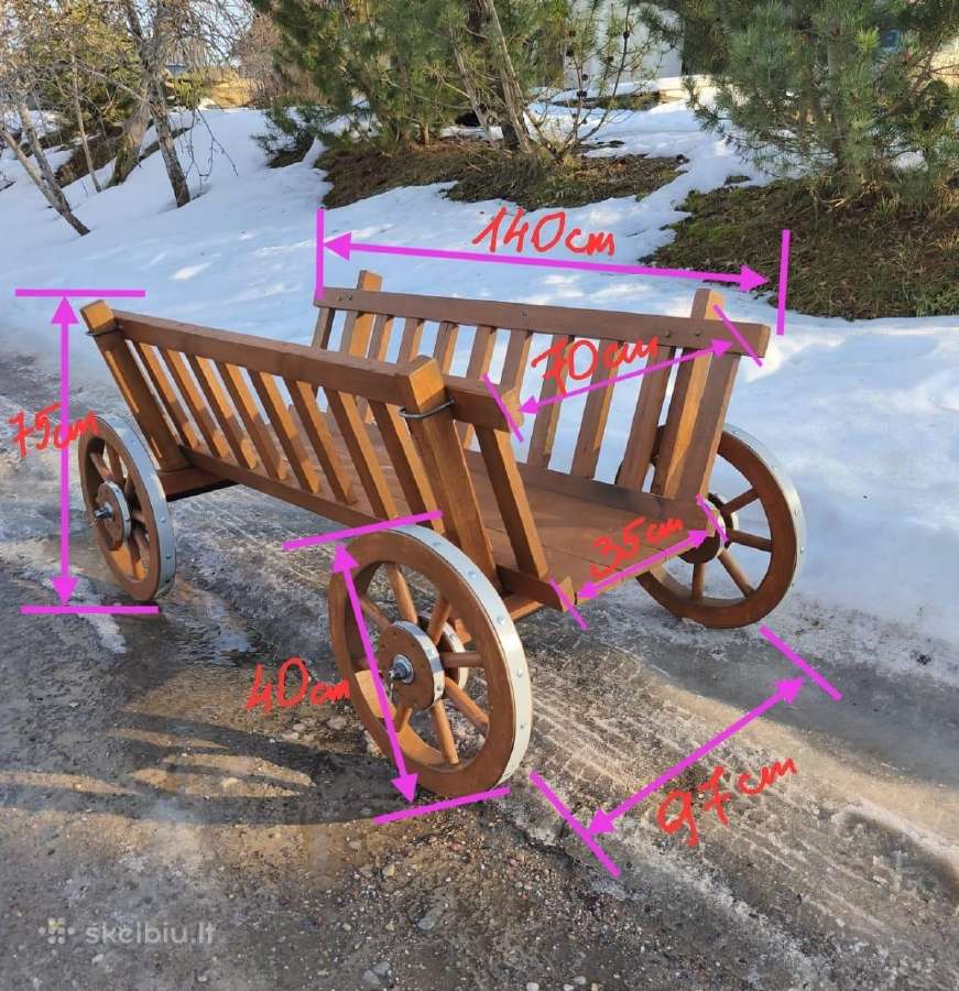 Rankų darbo medinis dekoratyvinis vežimas sodui - nuotraukos Nr. 2