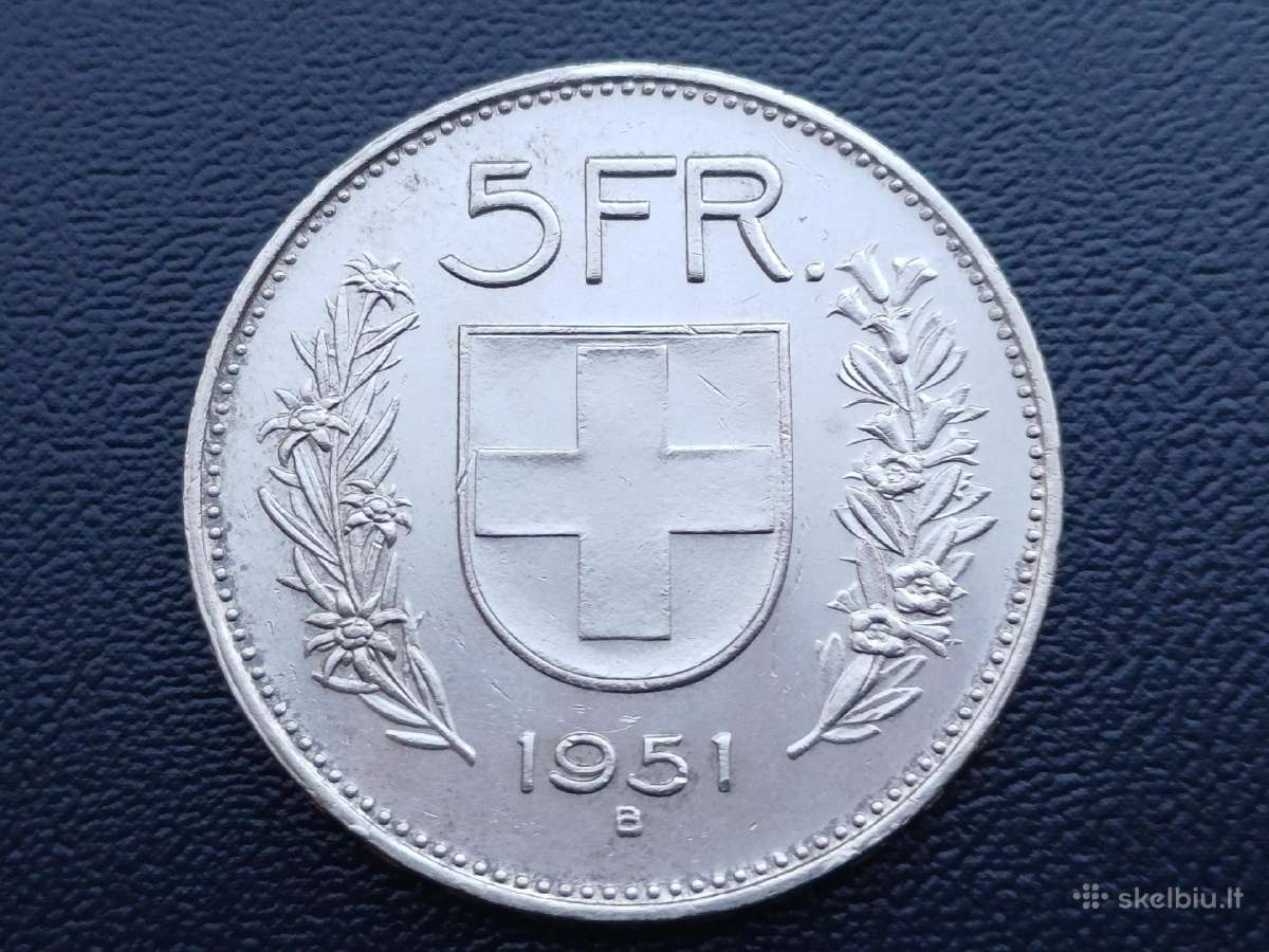 5 frankai 1951m. Šveicarija sidabras