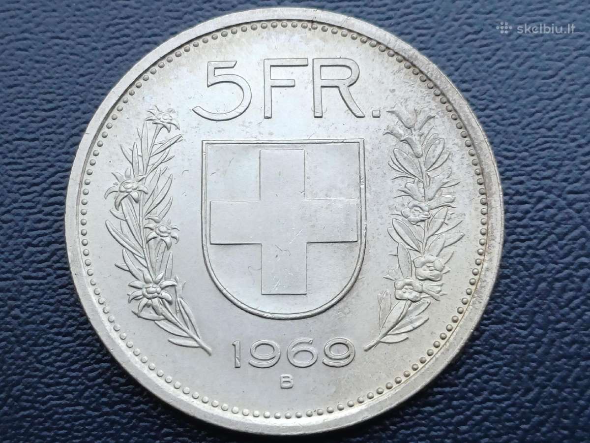 5 frankai 1969m. Šveicarija sidabras unc.